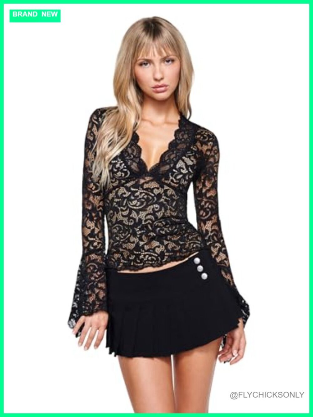Sheer Lace Mesh Long Sleeve Bodycon Blouse with Plunging V-Neck
